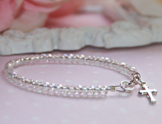 INFANT CRYSTAL AB AND STERLING SILVER CROSS 4 1/2 "BRACELET