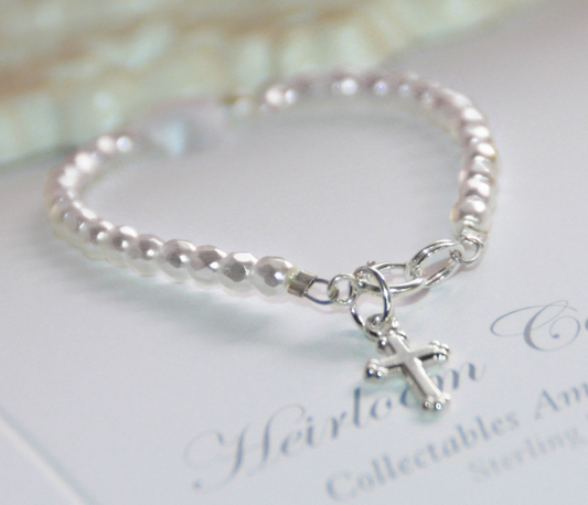 INFANT STERLING SILVER CROSS AND FACETED WHITE GLASS PEARLS OH SO PRECIOUS 5" BRACELET