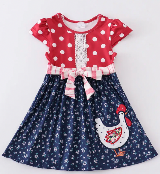 RED CHICKEN APPLIQUE DRESS