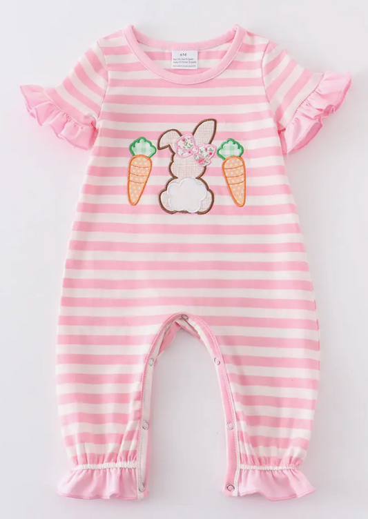 PINK STRIPE RABBIT APPLIQUE GIRL ROMPER