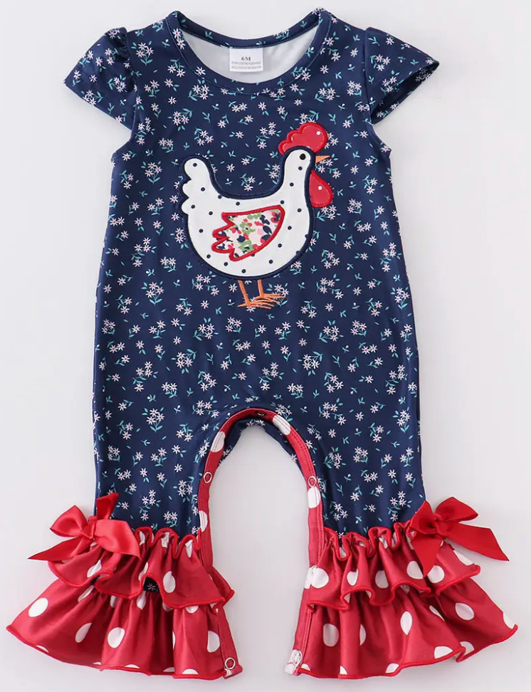 NAVY CHICKEN APPLIQUE RUFFLE BABY ROMPER