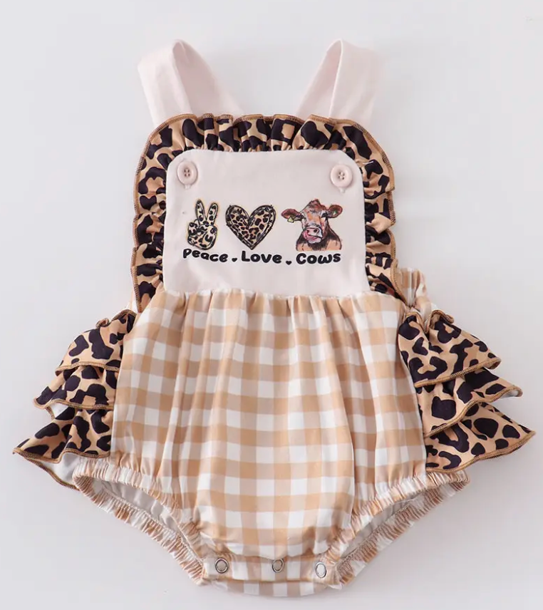 LEOPARD PLAID HEART COW RUFFLE BABY ROMPER
