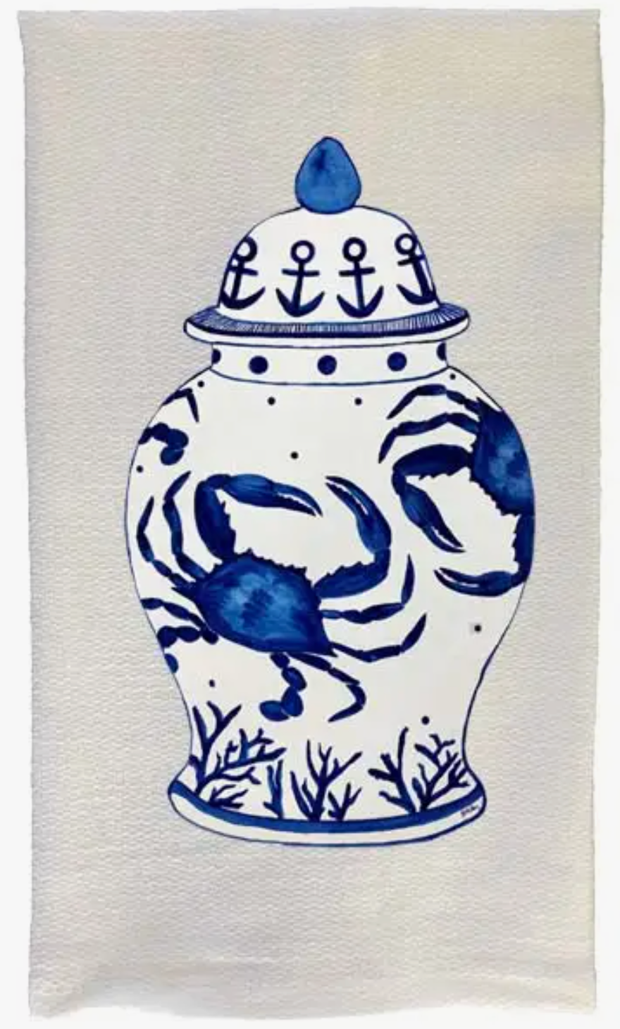 KITCHEN TOWEL CRAB GINGER JAR BLUE & WHITE