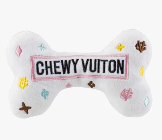 WHITE CHEWY VUITON BONES SQUEAKER DOG TOY