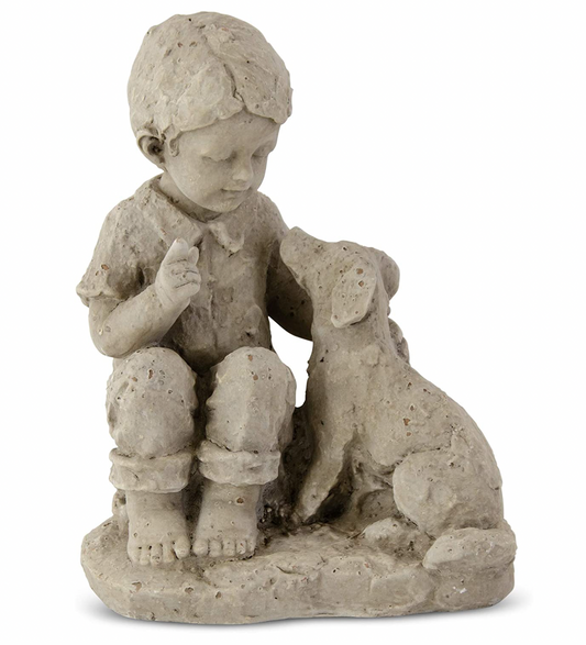 12 INCH TAN RESIN BOY WITH DOG