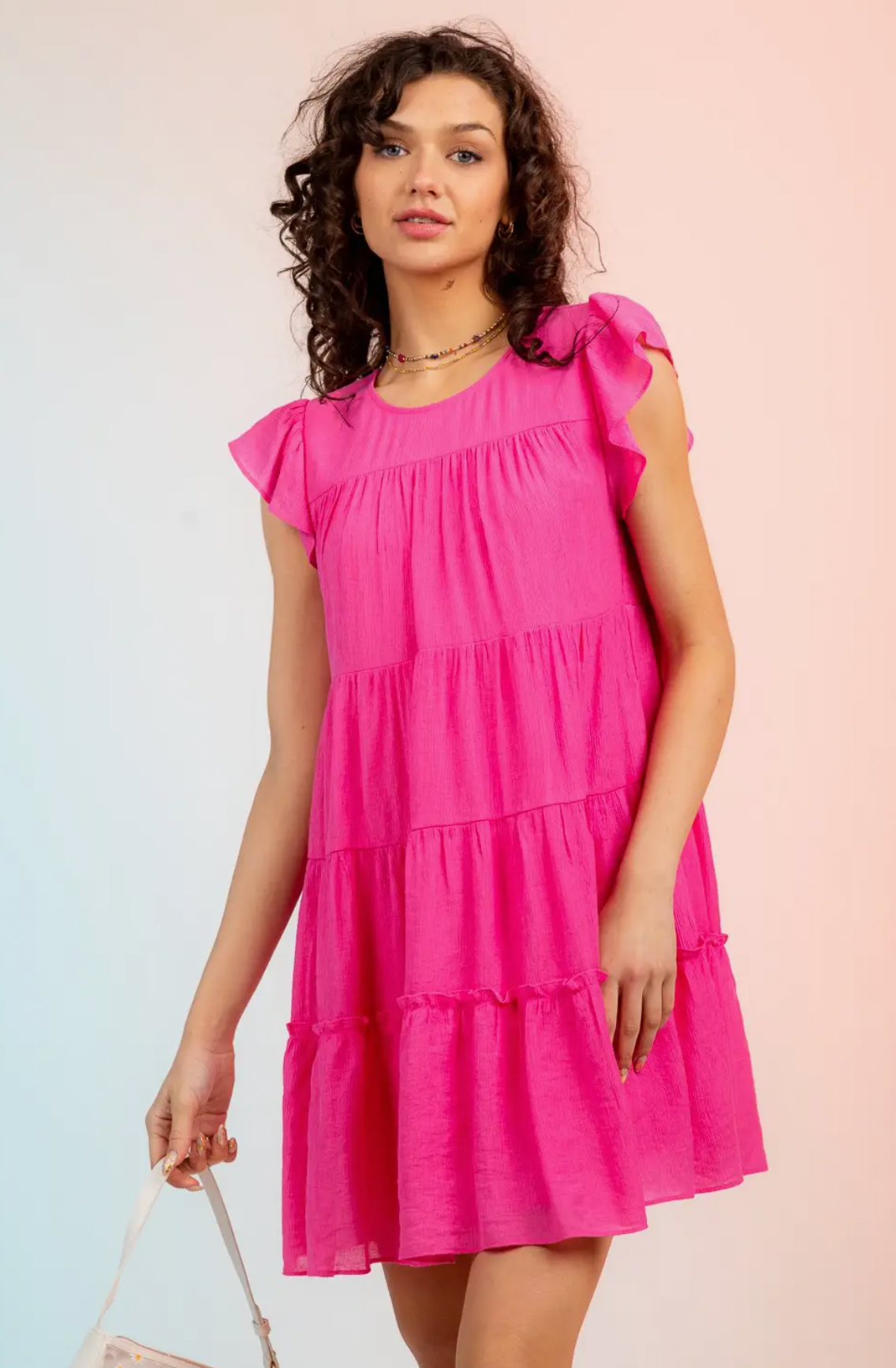 PINK RUFFLED SLEEVE GATHERED MULTI TIER MINI DRESS