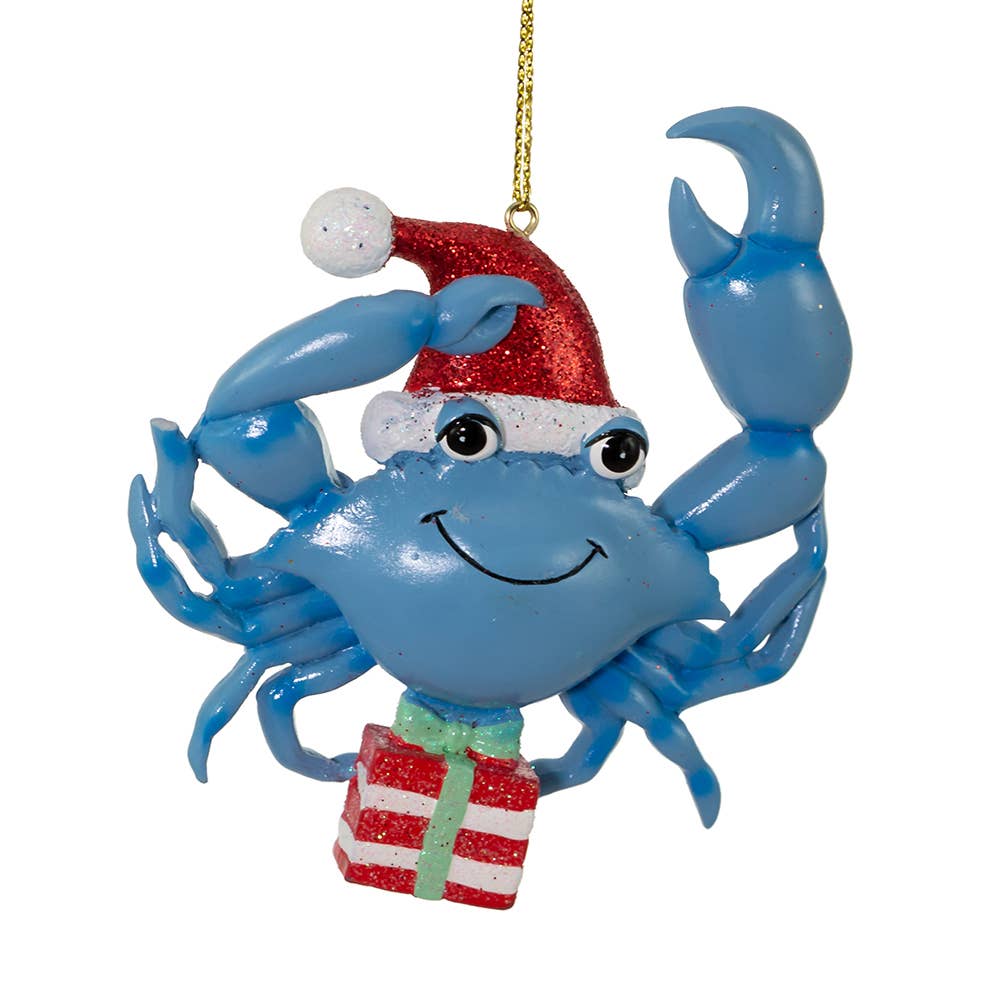 4"WHIMSICAL BLUE CRAB W/PRESENT ORNAMENT
