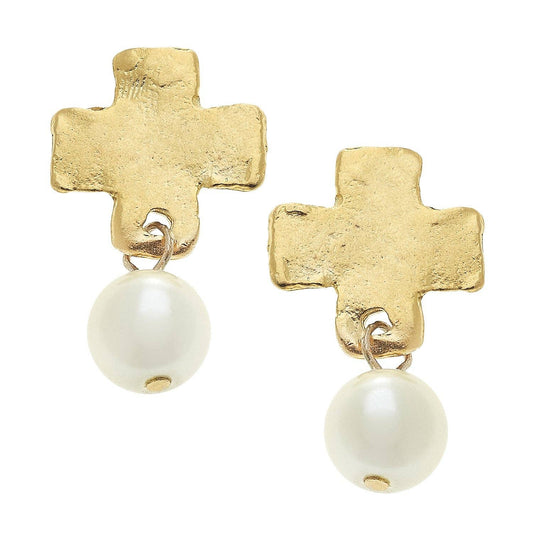 Mini Square Cross & Pearl Drop Earrings