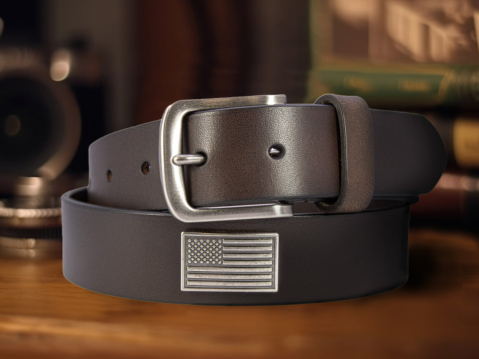 AMERICAN FLAG MEN'S BROWN LEATHER CONCHO BELT