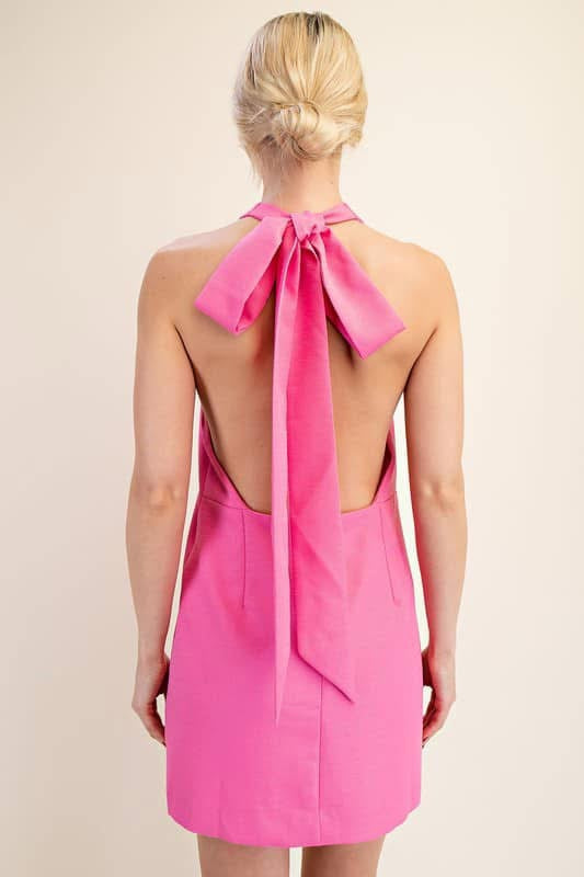 GLAM BACKLESS PINK HOLTER TOP MINI DRESS