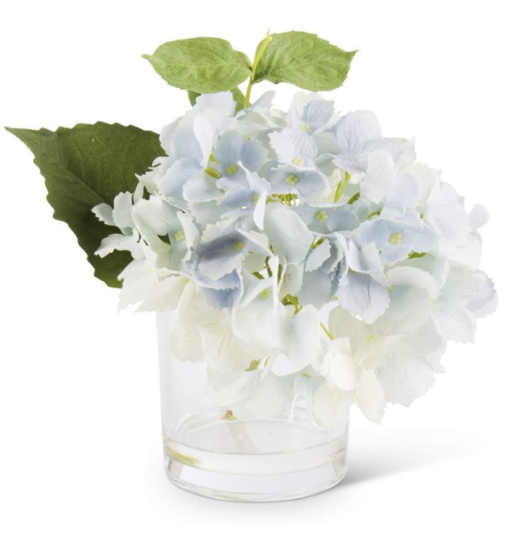 8 INCH BLUE REAL TOUCH HYDRANGEA IN GLASS VASE
