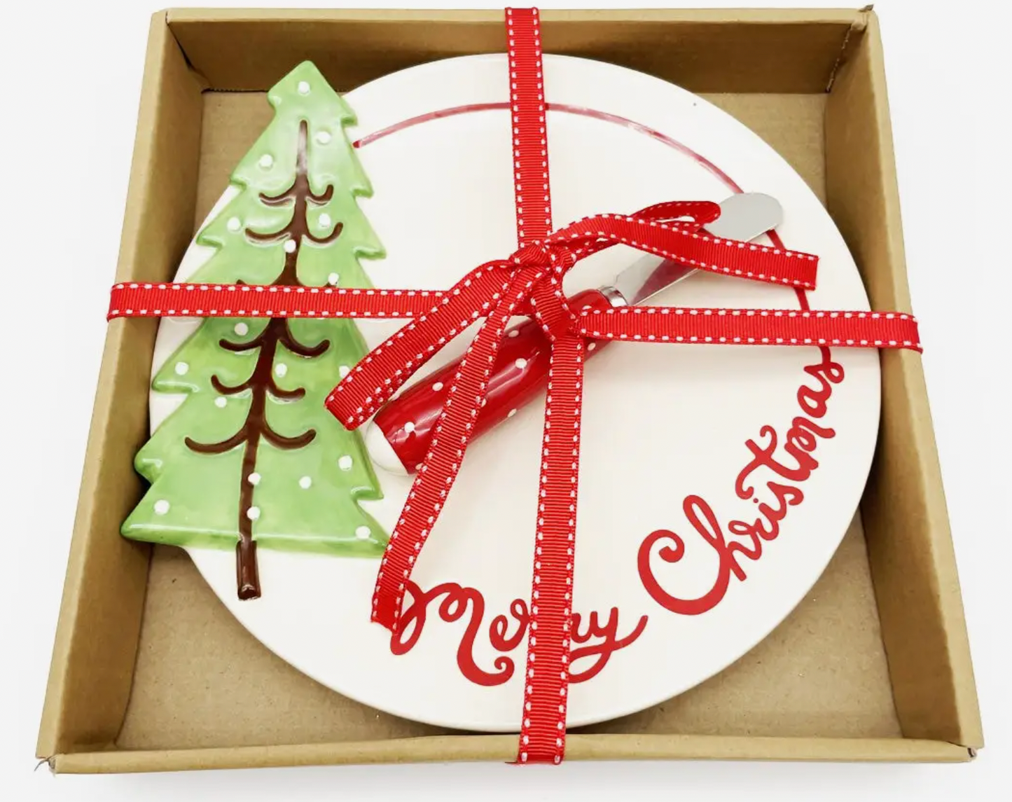 MERRY CHRISTMAS TREE PLATE W/SPREADER GIFT BOX