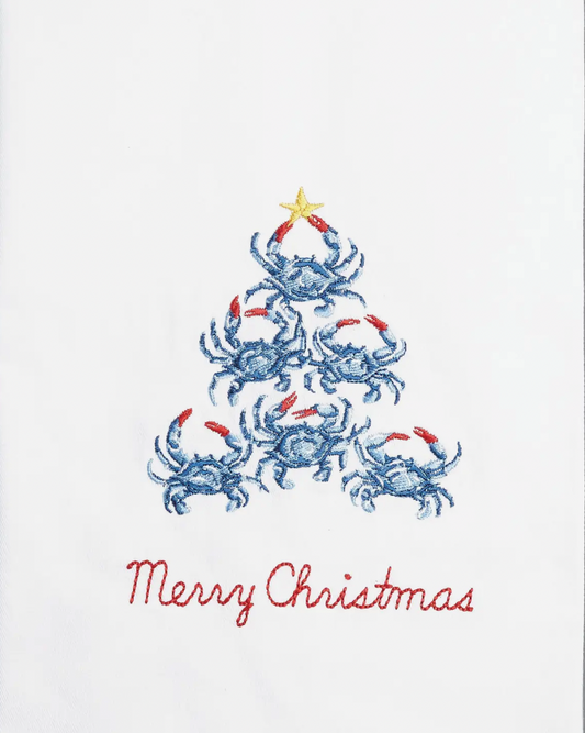 BLUE CRAB CHRISTMAS TREE EMBROIDERED KITCHEN TOWEL