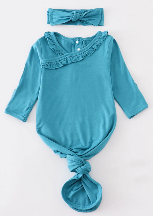 TEAL BAMBOO RUFFLE 2 PC BABY GOWN