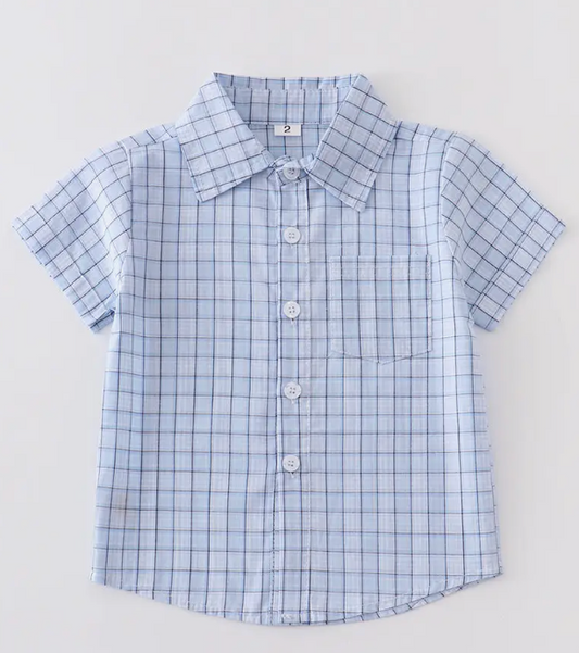 BLUE PLAID BUTTON DOWN BOY SHIRT