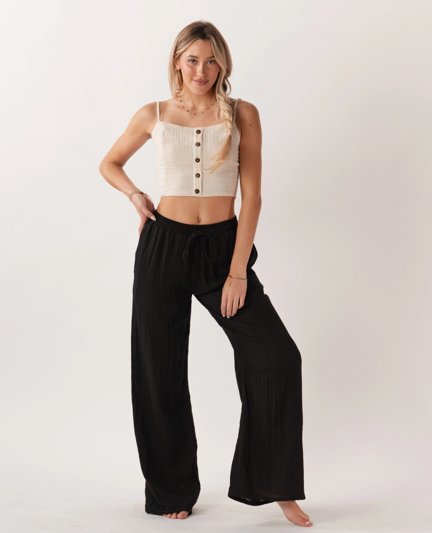 BLACK WIDE LEG COTTON DRAWSTRING PANTS WITH POCKETS