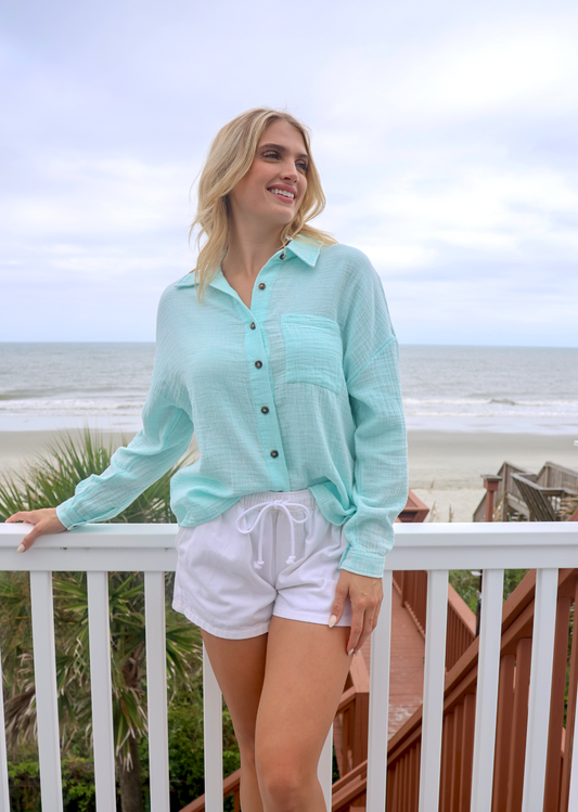 BUTTON DOWN GAUZE SEAFOAM TOP