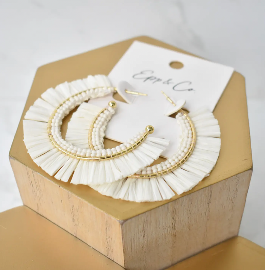 WHITE BEADED RAFFIA HOOPS