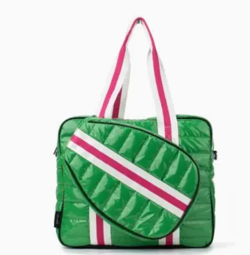 PUFFER PICKLE BALL TOTE GREEN WITH PINK STRIPE