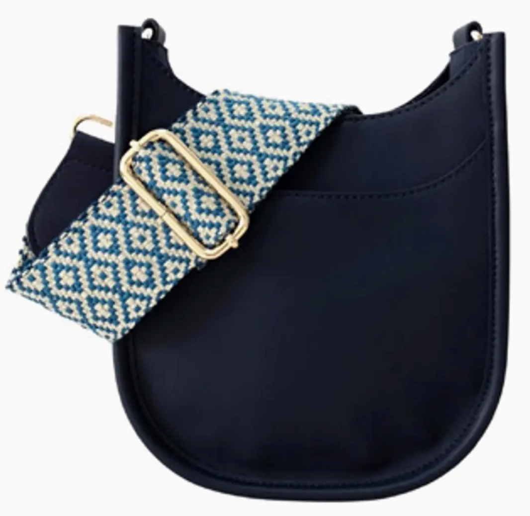 VEGAN LEATHER SMALL NAVY CROSSBODY W/DIAMOND GUITAR STRAP