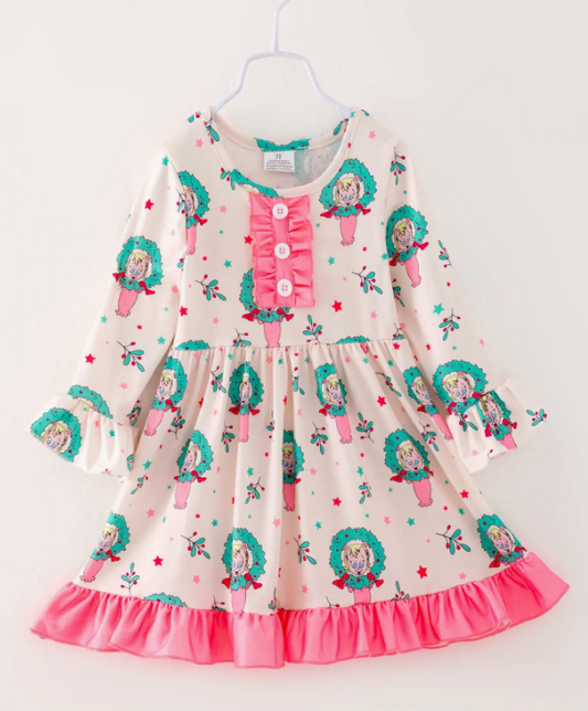 KIDS CHRISTMAS PINK WREATHS RUFFLE GIRL DRESS