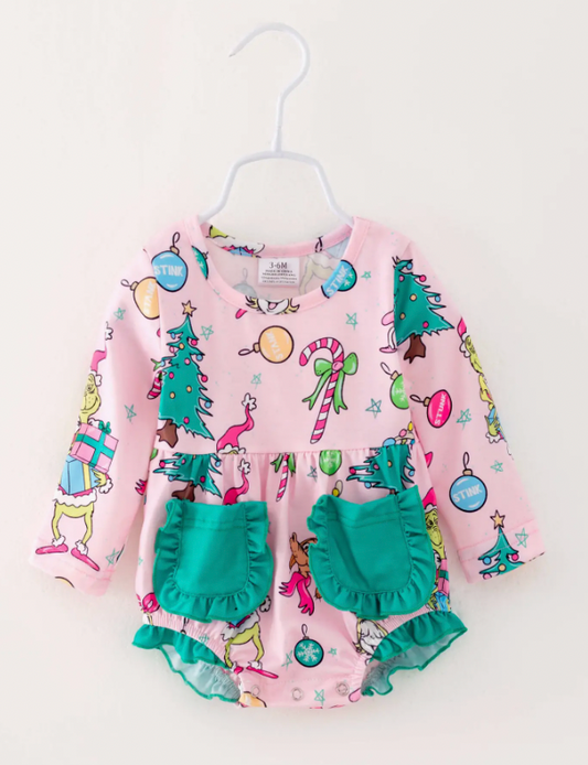 CHRISTMAS PINK GRINCH RUFFLE POCKET BABY GIRL ROMPER