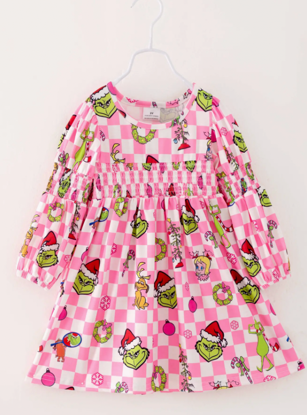 CHRISTMAS PINK PLAID GRINCH SMOCKED GIRL DRESS