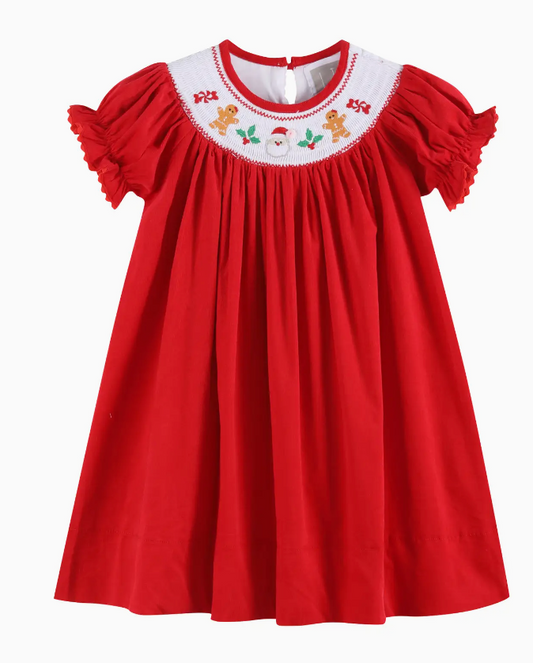 RED VELOUR CHRISTMAS SMOCKED BISHOP DRESS