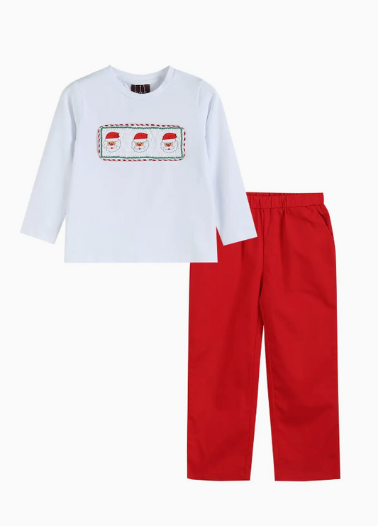 WHITE SMOCKED SANTA LONG SLEEVE TEE & RED PANTS