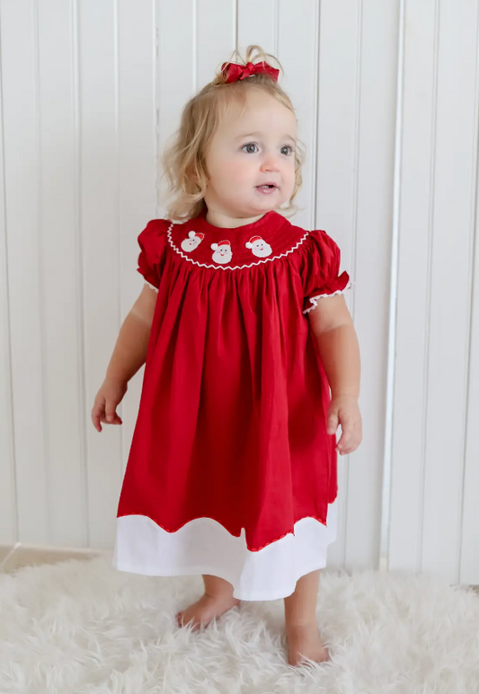 RED AND WHITE SANTA SMOCKED BISHOP DRESS