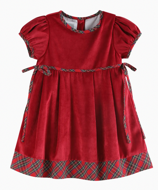 RED VELOUR AND CHRISTMAS PLAID BOW DRESS