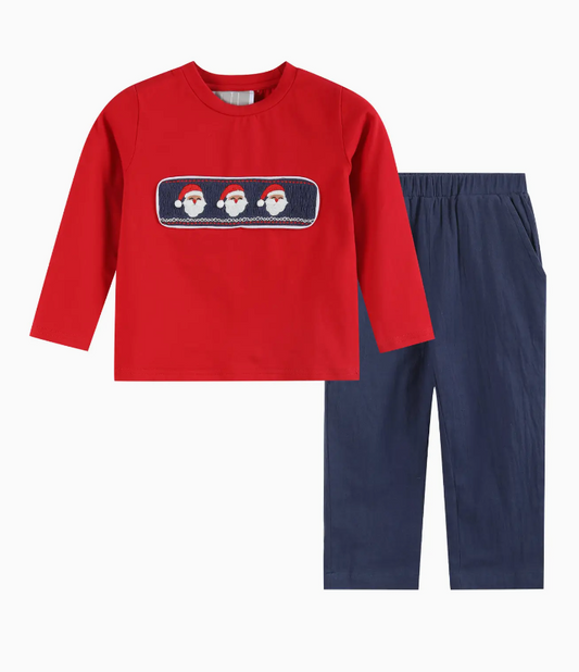 RED SANTA SMOCKED SHIRT AND NAVY PANTS SET