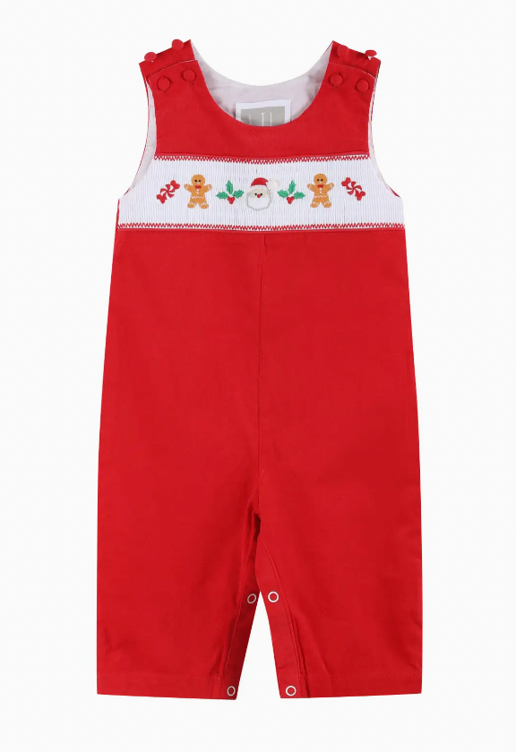 RED VELOUR CHRISTMAS SMOCKED OVERALLS