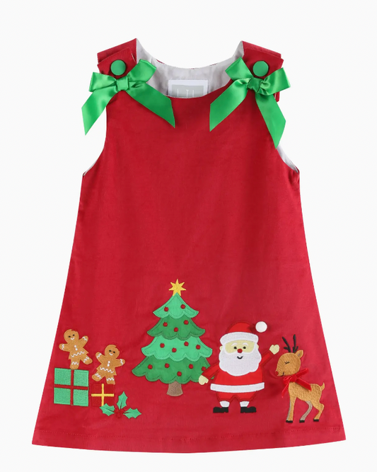 RED CORDUROY CHRISTMAS APPLIQUE BOW DRESS