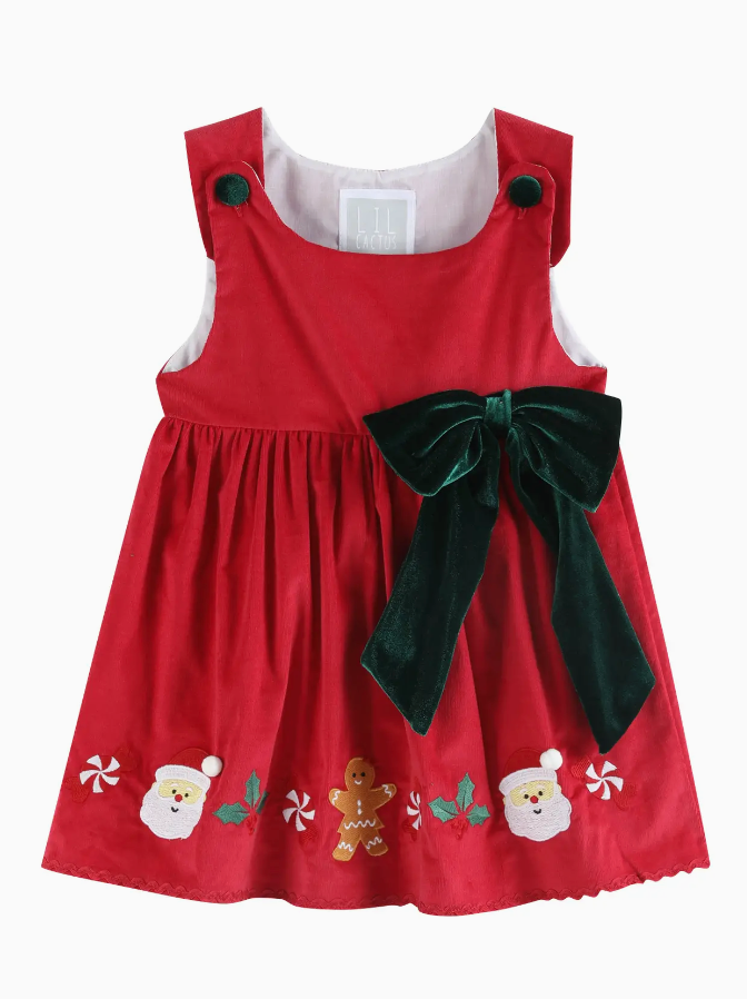 RED CORDUROY CHRISTMAS APPLIQUE BIG BOW DRESS