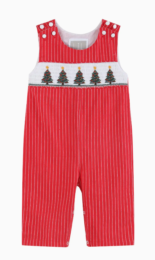 RED CHRISTMAS TREE SMOCKED OVERALLS