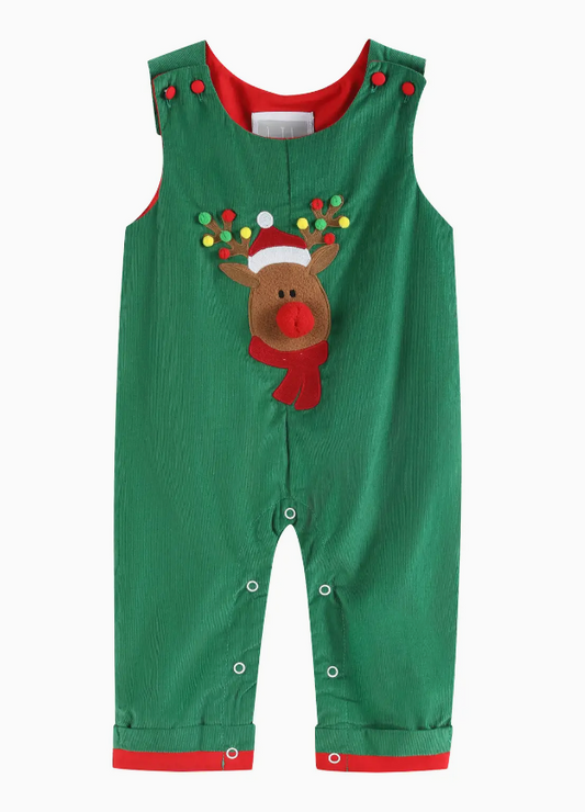 GREEN CORDUROY SHERPA REINDEER OVERALLS