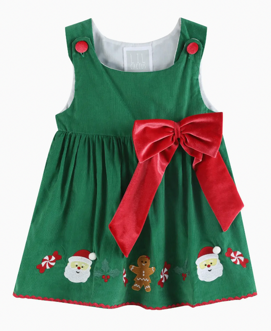 GREEN CORDUROY CHRISTMAS APPLIQUE DRESS