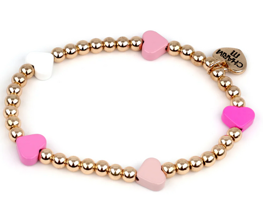 CHARM IT! GOLD BEAD PINK HEART STRETCH BRACELET