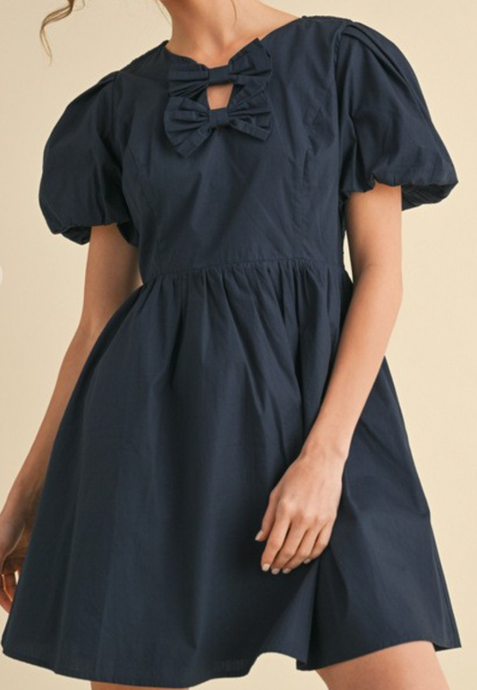 SOLID BABY DOLL DRESS WITH BOW TIES NECK NAVY