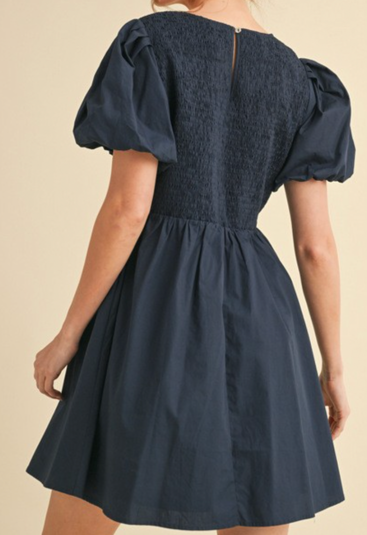 SOLID BABY DOLL DRESS WITH BOW TIES NECK NAVY