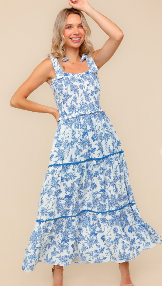 RUFFLE SWEETHEART NECKLINE BOW TIED SHOULDER DRESS SMOCKED FIT AND FLARE BLUE/IVORY