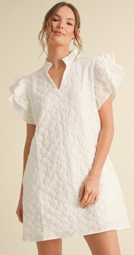 FLORAL EMBROIDERED RUFFLY DRESS OFF WHITE