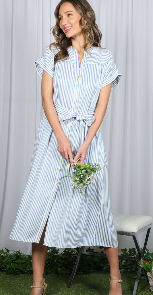TIE WAIST POCKET DETAIL STRIPED MIDI SHIRT DRESS