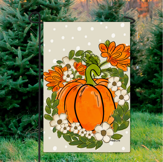 CREAM POLKA DOT PUMPKIN WITH WHITE FLOWERS GARDEN FLAG