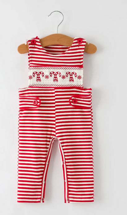 CHRISTMAS CANDY CANE SMOCKING EMBROIDERY STRIPED BABY BOYS ROMPER