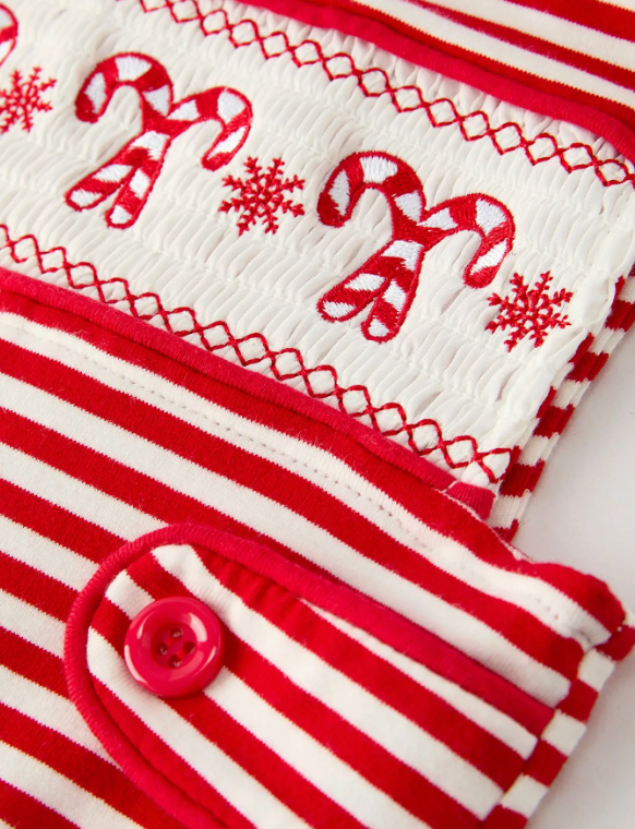 CHRISTMAS CANDY CANE SMOCKING EMBROIDERY STRIPED BABY BOYS ROMPER