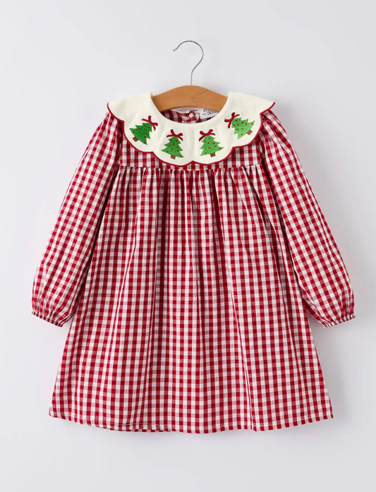 CHRISTMAS KIDS EMBROIDERED CHRISTMAS TREE PLAID DRESS