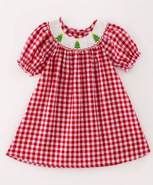 CHRISTMAS TREE SMOCKING EMBROIDERED GIRLS DRESS