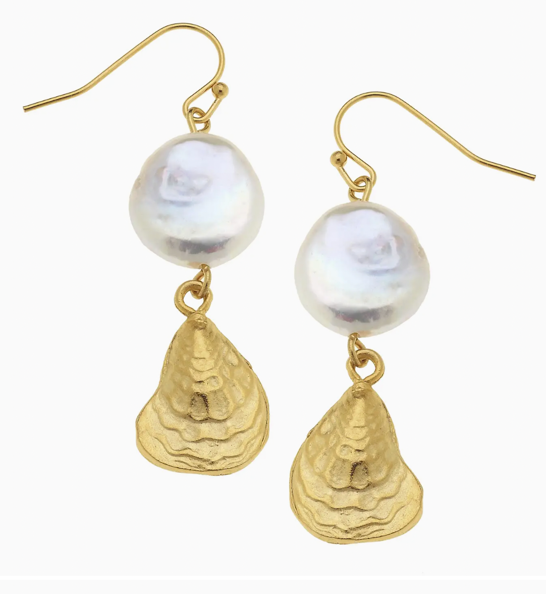 GOLD OYSTER SHELL WITH GENUINE FRESHWATER PEARL EARRINGS